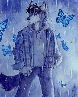 anthro black_hair black_nose bottomwear cheek_tuft clothed clothing facial_tuft front_view fur glistening glistening_nose grey_body grey_bottomwear grey_clothing grey_fur grey_hoodie grey_jacket grey_pants grey_topwear group hair hoodie jacket jewelry looking_aside male messy_hair necklace pants raining short_hair simple_background standing topwear tuft white_body white_fur akatan_art arthropod butterfly canid canine canis insect lepidopteran mammal wolf hi_res portrait three-quarter_portrait traditional_media_(artwork)
