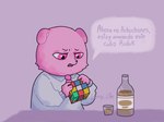 anthro beverage biped black_nose clothing dialogue necktie pink_body pink_eyes shirt solo text topwear geny_ctm rubik's_cube unicorn_wars gordi_(unicorn_wars) bear mammal 2023 4:3 hi_res spanish_text