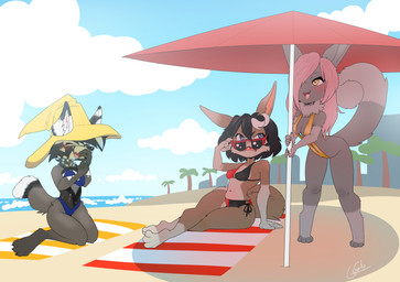 anthro beach beach_umbrella bikini biped black_hair black_nose blue_eyes breasts brown_body brown_fur cheek_tuft claws clothing day digitigrade dipstick_tail eyebrows eyes_closed eyewear facial_tuft female fluffy fluffy_tail fur furgonomic_hat furgonomic_headwear furgonomics gloves_(marking) grey_body grey_fur group hair hair_over_eye hat headgear headwear highlights_(coloring) inner_ear_fluff kneeling laugh leg_markings long_hair looking_at_another markings multicolored_body multicolored_fur navel one-piece_swimsuit open_mouth outside parasol pink_hair pink_nose public short_hair sling_bikini small_breasts socks_(marking) sunglasses sunglasses_on_face swimwear tail tail_markings teeth tongue trio tuft two-piece_swimsuit two_tone_body two_tone_fur wearing_sunglasses white_highlights white_markings yellow_clothing yellow_hat yellow_headwear galo ambiguous_species canid canine domestic_cat felid feline felis hybrid korat_cat mammal nebelung 2025 absurd_res hi_res