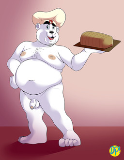 anthro balls belly black_nose bread chef_hat clothing flaccid food foreskin fur genitals hat headgear headgear_only headwear headwear_only humanoid_genitalia humanoid_penis male moobs mostly_nude nipples nude overweight overweight_anthro overweight_male partially_retracted_foreskin penis solo text text_on_clothing text_on_headwear white_body white_fur dirty-palms bimbo_(bakery) bimbo_bread bimbo_bear bear mammal polar_bear ursine 2020 hi_res