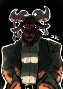 4_eyes anthro bell belt brown_body clothed clothing dramatic_lighting forehead_mark formal_wear horn jacket long_sleeve_shirt long_sleeves looking_at_viewer male multi_eye muscular muscular_male neck_tuft shirt solo sweater topwear tuft turtleneck white_clothing white_shirt white_topwear yellow_eyes deaf_cake bovid caprine caprine_demon demon goat goat_demon mammal hi_res