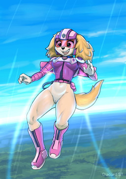4_fingers anthro armor boots bottomless breasts clothed clothing exposure_variation female fingers flying footwear fur genitals harness headgear helmet jet_pack open_mouth pink_eyes shoes sky smile solo tan_body tan_fur topwear vest visor vulva diacordst paw_patrol skye_(paw_patrol) canid canine canis cockapoo domestic_dog mammal mixed_breed hi_res