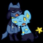 2018 ambiguous_gender anthro black_nose blue_body blue_tail bodily_fluids digital_media_(artwork) duo eyes_closed flavia-elric fluffy fluffy_tail generation_4_pokemon hi_res looking_at_another nintendo one_eye_closed open_mouth paws pokemon pokemon_(species) riolu shinx standing tail tears teeth tired tongue white_sclera yellow_eyes