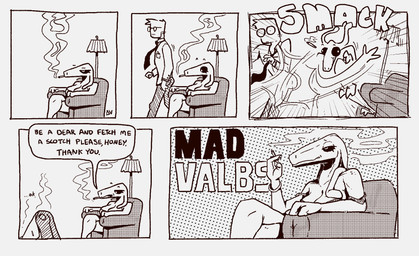 anthro breasts cigarette dialogue duo easy_chair ellipsis female lamp male smack_ass smoking speech_bubble text deltav pinwheel_(snekguy) alien human mammal valbaran comic english_text hi_res