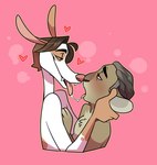 anthro anthro_on_anthro bodily_fluids brown_body brown_fur brown_hair duo eye_contact fur hair hand_on_chest hand_on_head hearts_around_head hug looking_at_another male male/male nose_to_nose nude pink_background saliva saliva_string simple_background teeth tongue tongue_out white_body cadaverrdog canid canine canis domestic_dog ibizan_hound lagomorph mammal pika primitive_dog primitive_hunting_dog 2017