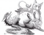 belly big_belly birth bloated bodily_fluids breasts duo feathered_wings feathers female feral genital_fluids genitals live_birth male male/female nipples pregnant pregnant_female pussy simple_background tail tail_tuft teats tuft vaginal_birth wings young beuwens-folder mythology bhaskara kalenai avian gryphon mythological_avian mythological_creature monochrome