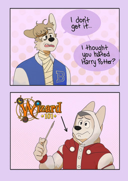 anthro clothed clothing costume dialogue duo frown fur holidays hood jacket letterman_jacket male male_anthro mummy_wrappings open_clothing open_jacket open_topwear purple_background robe simple_background speech_bubble tan_body tan_fur text topwear wand white_body white_fur p_rindustries halloween harry_potter_(series) wizard101 dexter_(p_rindustries) kevin_(p_rindustries) canid canine mammal 2025 comic english_text hi_res