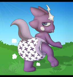 2_toes ambiguous_gender anthro big_diaper clean_diaper clothed clothing cloud_emanata diaper diaper_only diaper_puff electricity emanata feet grass heart_symbol light light_beam looking_back on_one_leg plant purple_body purple_tail purple_tongue skull_and_crossbones sky solo standing sunbeam sunlight tail text three-quarter_view toes tongue tongue_out topless wearing_diaper shadyadi nintendo pokemon generation_8_pokemon pokemon_(species) toxel 2024 artist_name full-length_portrait hi_res letterbox portrait signature