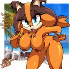 anthro beach bracelet breasts female genitals jewelry looking_at_viewer necklace nipples nude open_mouth outside pussy solo standing text tomboy skylight_(artist) sega sonic_boom sonic_the_hedgehog_(series) sticks_the_jungle_badger animal_humanoid badger badger_humanoid humanoid mammal mammal_humanoid mustelid mustelid_humanoid musteline musteline_humanoid 2025 english_text hi_res