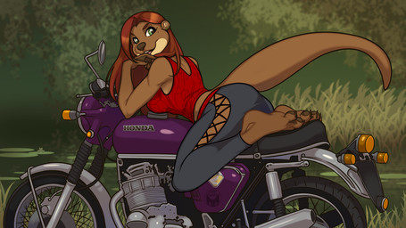 anthro bottomwear clothed clothing feet female fingers fur hair looking_at_viewer lying motorcycle on_front outside pants plant smile solo tail text toes topwear vehicle inktiger honda mammal mustelid otter digital_media_(artwork)
