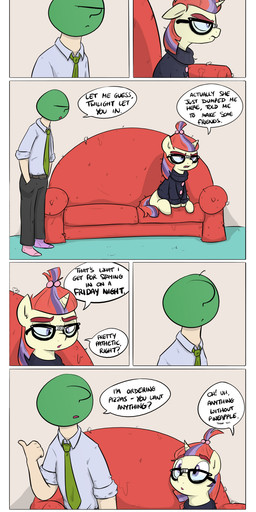 ?_face annoyed clothed clothing dialogue duo eyewear female frown fur furniture glasses grumpy hair half-closed_eyes horn male multicolored_hair narrowed_eyes necktie open_mouth purple_eyes sad sitting sofa sweater tan_body tan_fur text topwear turtleneck two_tone_hair shoutingisfun friendship_is_magic hasbro my_little_pony mythology anon moondancer_(mlp) equid equine horse human mammal mythological_creature mythological_equine pony unicorn 2017 comic english_text hi_res