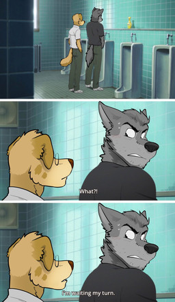 anthro bathroom blush bodily_fluids dialogue duo eyewear glasses humor male personal_space_invasion sweat text toilet_use urinal jackaloo andrew_oleander cooper_estevez bird_dog canid canine canis domestic_dog golden_retriever hunting_dog mammal retriever wolf english_text hi_res meme