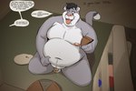 3:2 ahegao anthro appliance belly big_belly black_hair bodily_fluids buried_penis chastity_cage chastity_cage_only chastity_device chastity_device_only cougar cum english_text felid feline food fridge fupa fur genital_fluids genitals gold_(metal) gold_chastity_cage gold_chastity_device grey_body grey_fur hair holding_belly holding_food holding_object holding_pizza kitchen_appliance leaking_cum looking_pleasured male mammal moobs navel nipples nude obese obese_anthro obese_male overweight overweight_anthro overweight_male penis pizza ryxok solo speech_bubble tcw text weight_gain