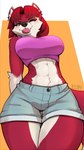 abs anthro big_breasts bottomwear breasts clothing countershading female fur hair low-angle_view navel one_eye_closed red_body red_eyes red_fur red_hair short_hair shorts solo tongue tongue_out white_body white_countershading kiit0s regys_(carp) canid canine fox mammal 2021 9:16 hi_res