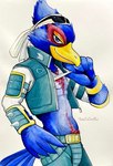 accessory anthro beak belly_hair blue_body blue_eyes blue_feathers body_hair bottomwear chest_hair clothed clothing eyewear feathers headband jacket male pants red_body red_feathers smile solo sunglasses topwear ulala_ko nintendo star_fox star_fox_adventures falco_lombardi avian hi_res painting_(artwork) traditional_painting_(artwork)