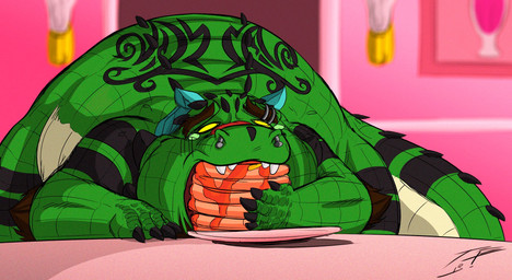 anthro black_markings eating empty_eyes fangs food green_body green_scales lying male markings on_front open_mouth overweight overweight_anthro overweight_male pancake scales solo striped_arms striped_legs striped_markings striped_tail stripes tail tail_markings teeth yellow_body yellow_eyes yellow_scales crazydrak alex_(jrbart) crocodile crocodilian reptile scalie 2018 dated hi_res signature