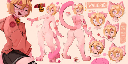 5_fingers 5_toes ambiguous_gender anthro bell bell_collar big_butt black_bottomwear black_clothing black_shorts blonde_eyebrows blonde_hair blush blush_lines bodily_fluids bottomwear butt clothing collar directional_arrow ears_down eyebrows eyes_closed fangs featureless_crotch feet fingers flat_chested fur hair hoodie legwear looking_at_viewer looking_back looking_back_at_viewer mouth_closed nude open_mouth pattern_clothing pattern_legwear pattern_thigh_highs pawpads pink_body pink_ears pink_eyes pink_fur pink_inner_ear pink_nose pink_pawpads pink_tail pivoted_ears red_clothing red_collar red_hoodie red_topwear shorts simple_background solo striped_clothing striped_legwear striped_thigh_highs stripes tail tail_coil tan_background tears teeth thick_thighs thigh_highs toes tongue tongue_out topwear wearing_collar wide_hips makkudraws felid mammal 2025 model_sheet nonbinary_(lore)