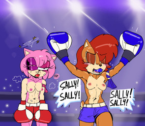 anthro areola auburn_hair blood blood_on_mouth blush blush_lines bodily_fluids boxing_gloves boxing_shorts breasts breath brown_body brown_eyelids brown_fur brown_hair bruised bruised_eye clothed clothing dialogue duo eyelashes female fight fighting_ring fur hair handwear hashmarks kickboxing mouthguard muay_thai muscular muscular_anthro muscular_female nipples nosebleed out_of_breath panting pink_body pink_eyelids pink_fur pink_nipples quills_(anatomy) ribbons small_breasts speech_bubble swollen_eye tan_arms tan_body tan_fur text topless topless_anthro topless_female wounded fellowthewulf sega sonic_the_hedgehog_(series) amy_rose sally_acorn eulipotyphlan hedgehog mammal rodent sciurid tree_squirrel comic english_text hi_res