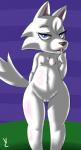 2016 animal_crossing anthro blue_eyes breasts canid canine canis erect_nipples female flat_chested fur genitals hi_res mammal nintendo nipples nude plump_labia pussy short_stack simple_background smile solo thigh_gap virate-chip white_body white_fur whitney_(animal_crossing) wolf