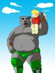 anthro blonde_hair boots bulge clothed clothing duo footwear hair male musclegut muscular muscular_male navel nipples overweight overweight_male shoes topless wrestler wrestling_briefs greenendorf shiba-kenta daigo_kumano bear human mammal 3:4