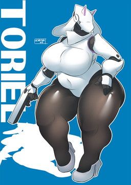 anthro armor big_breasts breasts clothed clothing cosplay curvy_figure cybernetics dark_body dark_skin eyeless female footwear gun headgear helmet high_heels legwear machine mask pantyhose ranged_weapon shoes slightly_chubby solo text thick_thighs visor voluptuous weapon wide_hipped_female wide_hips ocaritna haydee_(game) undertale undertale_(series) haydee haydriel toriel android boss_monster_(undertale) bovid caprine cyborg mammal robot robot_anthro crossover hi_res signature