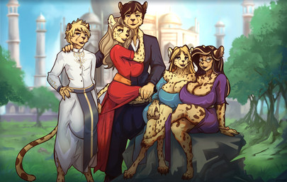 anthro big_bulge blonde_hair bulge clothing dress family_portrait female fur group hair huge_bulge hyper hyper_bulge male sitting spots standing suit tail taj_mahal thigh_up yellow_body yellow_fur dr._welps amar_parda jennifer_parda lavanya_parda mayuri_parda raj_parda cheetah felid feline mammal hi_res