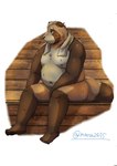 anthro belly big_belly bodily_fluids brown_body kemono male moobs navel nipples overweight overweight_male sauna sitting solo sweat towel towel_around_neck maron2475 canid canine mammal raccoon_dog tanuki 2023 hi_res