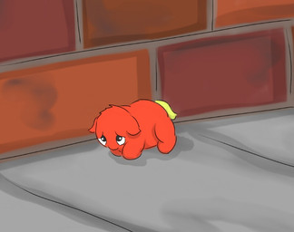 ambiguous_feral ambiguous_gender black_eyes brick brick_wall featureless_feet featureless_hands feet feral fur narrowed_eyes neonate outside quadruped red_body red_fur scared solo tail walking wall_(structure) yellow_tail young young_ambiguous young_feral carpdime fluffy_pony fluffy_pony_(species) mammal digital_media_(artwork) shaded