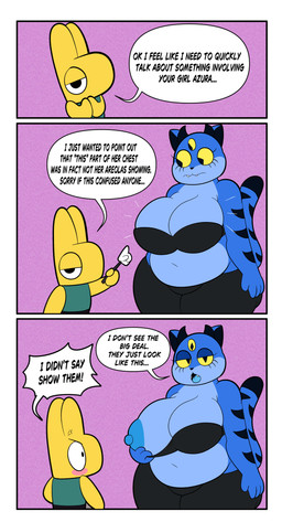 2_horns 3_eyes anthro areola belly big_breasts black_bottomwear black_bra black_clothing black_horn black_pants black_tail_tip black_underwear blue_areola blue_nipples blue_tongue blush bottomwear bra bra_down breasts clothing dialogue dipstick_tail duo eyelashes female horn looking_at_another looking_at_viewer male markings mouth_closed multi_eye narrowed_eyes navel nipples one_breast_out open_mouth overweight overweight_anthro overweight_female pants speech_bubble tail tail_markings talking_to_another talking_to_viewer text tongue underwear yellow_body yellow_sclera someth1ngoranother azura_(someth1ngoranother) someth1ng_(someth1ngoranother) demon domestic_cat felid feline felis mammal absurd_res comic english_text hi_res