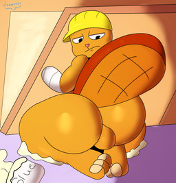 amputee angry armor backsack balls bandage big_tail butt clothing disability fur genitals glue hard_hat hat headgear headwear heart_nose heart_symbol helmet looking_back male missing_arm orange_body orange_fur solo stuck tail thick_thighs wall_(structure) dezmine21 happy_tree_friends handy_(htf) beaver mammal rodent absurd_res hi_res