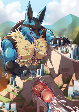anthro blue_body blue_fur bodily_fluids car city cum cum_on_ground destruction erection fur genital_fluids genitals humanoid_genitalia humanoid_penis macro male muscular muscular_male orgasm penetration penis red_eyes spines tongue tongue_out tunnel vehicle daru_brek nintendo pokemon canid canine generation_4_pokemon lucario mammal pokemon_(species) absurd_res hi_res