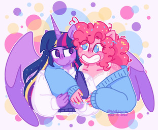 anthro blush curly_hair dotted_background duo female hair horn pattern_background polka_dots simple_background smile sprinkles wings bb1scuits friendship_is_magic hasbro my_little_pony mythology pinkie_pie_(mlp) twilight_sparkle_(mlp) earth_pony equid equine horse mammal mythological_creature mythological_equine pony winged_unicorn hi_res