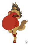 anthro belly big_belly brown_body brown_fur brown_hair brown_nose cheek_tuft clothed clothing dress facial_tuft female fur green_eyes hair huge_belly navel_outline nipple_outline open_mouth open_smile pregnant pregnant_anthro pregnant_female red_clothing red_dress simple_background smile solo standing tan_body tan_fur tuft white_background milk-jug canid canine canis domestic_dog mammal hi_res