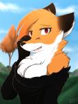 anthro breasts canid canine carver_(twokinds) chest_tuft clothed clothing crossgender day digital_media_(artwork) female fox fur hair hi_res infinitedge keidran mammal mtf_crossgender orange_body orange_fur outside red_eyes sky solo standing tuft twokinds