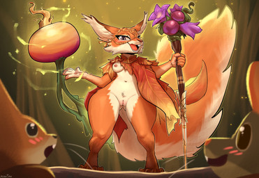anthro big_tail breasts buckteeth clothing countershading exposed_breasts female food fur genitals ineffective_clothing jewelry leaf_clothing orange_body orange_fur plant small_breasts solo staff tail teeth thick_thighs vegetable vulva wide_hips psakorn_tnoi hasbro magic:_the_gathering wizards_of_the_coast hazel_(magic:_the_gathering) mammal rodent sciurid absurd_res hi_res