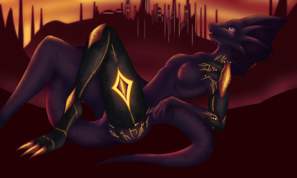 anthro anus blue_eyes breasts cybernetics detailed_background female genitals glowing horn machine non-mammal_breasts nude purple_body purple_scales scales solo sunset tail vulva salnith mythology dragon mythological_creature mythological_scalie scalie 2016 5:3 absurd_res hi_res