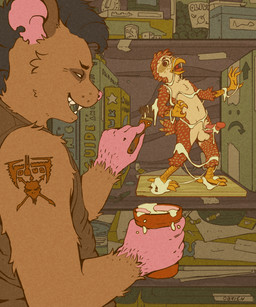 anthro arm_tattoo band_logo bodily_fluids book bookshelf brush clothing cum detailed_background distressed dominant dominant_male duo excessive_cum excessive_genital_fluids eyewear feather_markings feathers figurine forced furniture genital_fluids genitals glasses humanoid_genitalia humanoid_penis inanimate_transformation inside male male/male markings micro notched_ear nude paintbrush penis petrification red_solo_cup shirt smile statuefication submissive submissive_male tattoo text topwear transformation wearing_glasses obrien_(artist) steven_(solaster) avian bird mammal murid murine owl rat rodent 5:6 artist_name hi_res