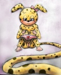 anthro blue_eyes blush clothing female fur genitals loli long_tail panties presenting pussy ribbons simple_background smile solo spots spread_legs spreading tail underwear white_background yellow_body yellow_fur young young_anthro electricfox marsupilami_(series) spirou_magazine mammal marsupilami primate hi_res