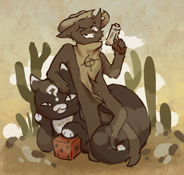 4_fingers :3 ambiguous_feral ambiguous_gender anthro bangs bare_shoulders bent_arm biped black_body black_ears black_eyes black_fur bottomless bottomless_anthro bottomless_male brown_cowboy_hat brown_kerchief cactus clothed clothed_anthro clothed_male clothing cloud constricted_pupils cowboy crazy_eyes desert dice dipstick_ears duo ear_markings eyebrows face_squish facial_markings facial_scar facial_tuft fangs feral fingers fur gambler grin grinning_at_viewer gun hand_on_face hand_on_head handgun head_markings holding_gun holding_handgun holding_object holding_ranged_weapon holding_revolver holding_weapon kerchief leaning leaning_backward leaning_on_another loaf long_tail looking_at_viewer lying male male_anthro markings missing_tooth multicolored_body multicolored_ears multicolored_fur multiple_poses narrowed_eyes noseless on_front one_ear_up paws plant pose pupils quadruped question_mark ranged_weapon revolver scar sky skyscape slit_pupils small_pupils smile smiling_at_viewer smug_face squish stylized tail tail_tuft teeth topwear torn_clothing torn_topwear tuft two_tone_body two_tone_ears two_tone_fur weapon white_body white_ear_tips white_fur zodiac_symbol chira1ity mewgenics gambit_(mewgenics) zodiac_(mewgenics) domestic_cat felid feline felis mammal 2026 colored digital_drawing_(artwork) digital_media_(artwork) full-length_portrait portrait shaded
