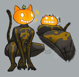 anthro bodily_fluids camel_toe exclamation_point female female/female food for_a_head frog_pose fruit glowing glowing_eyes low-angle_view markings plant pumpkin pumpkin_head simple_background skeleton_(marking) solo steam sweat sweatdrop tail yellowracc epic_games fortnite spice_(fortnite) domestic_cat felid feline felis humanoid mammal object_head hi_res