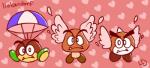 brown_body brown_skin green_body green_skin group looking_at_viewer not_furry parachute spikes trio white_eyes wings linkandorf mario_bros nintendo galoomba goomba para-goomba_(mario_clash) para-goomba_(super_mario_world) paragoomba waddling_head low_res