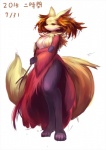 anthro anthrofied biped breasts clothed clothing digitigrade dress featureless_breasts feet female fluffy fluffy_tail hindpaw inner_ear_fluff long_legs one_breast_out paws pokemorph pseudo_clothing red_eyes simple_background solo standing stick tail tuft white_background ni_jikan nintendo pokemon canid canine delphox generation_6_pokemon mammal pokemon_(species) 2015