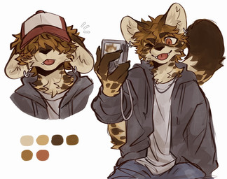 anthro baseball_cap blep camera claws clothed clothed_anthro clothed_male clothing cute_fangs ear_piercing ear_ring fangs finger_claws fur hair hair_over_eyes hat headgear headwear holding_camera holding_object male male_anthro multicolored_body multicolored_fur one_eye_closed piercing ring_piercing selfie simple_background solo tail teeth tongue tongue_out white_background wink atkaso felid feline mammal serval 2025 digital_media_(artwork) hi_res