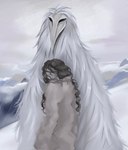 ambiguous_gender anthro beak brown_hair clothing cloud duo feathers female hair long_hair mountain size_difference smaller_female snow white_body white_feathers wind nymphgem avian cryptid erosion_bird human mammal hi_res