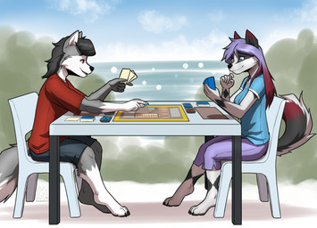 anthro biped bottomwear breasts butt claws clothed clothed_anthro clothed_female clothed_male clothing duo feet female fingers fully_clothed fully_clothed_anthro fully_clothed_female fully_clothed_male fur hair male outside sitting smile tail toes tongue topwear mykegreywolf diamond_(valor-force) canid canine canis mammal wolf 2026 absurd_res digital_drawing_(artwork) digital_media_(artwork) hi_res