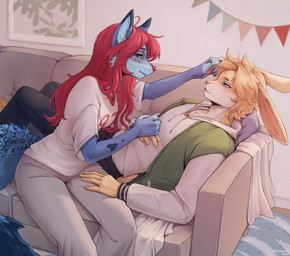 anthro biped blush bottomwear breasts butt claws clothed clothed_anthro clothed_female clothed_male clothing duo female fingers fully_clothed fully_clothed_anthro fully_clothed_female fully_clothed_male fur furniture hair inside lying male on_back sitting smile sofa spots tail topwear mergremil canid canine canis lagomorph leporid mammal rabbit wolf 2026 digital_drawing_(artwork) digital_media_(artwork) hi_res