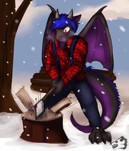 anthro axe biped blue_hair bodily_fluids bottomwear clothed clothing flannel fully_clothed hair male melee_weapon outside pants plant red_eyes shirt snow solo standing sweat tail thick_tail topwear tree weapon wings winter wood mariosson mythology quil dragon mythological_creature mythological_scalie scalie hi_res