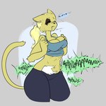 belly bottomwear breasts clothed clothing female hair hungry leggings legwear midriff onomatopoeia pants ripples rumbling_stomach sound_effects text topwear sinfullapis ardene_marquet domestic_cat felid feline felis mammal pahtra 1:1 hi_res