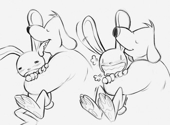 anthro bite blush blush_lines bodily_fluids claws drooling duo ear_bite ear_lick eyes_closed feet holding_partner licking long_ears male male/male nude nude_anthro pawpads saliva shaking sharp_teeth smile tail teeth tongue bunnybuttz sam_and_max max_(sam_and_max) samuel_dog canid canine canis domestic_dog lagomorph leporid mammal rabbit monochrome