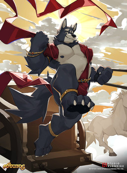 anthro black_body black_fur cloud fur looking_at_viewer male musclegut muscular nipples pawpads solo tail roosterbliss adastra adastra_(series) astatos echo_project studio_klondike amicus_(adastra) canid canine canis mammal wolf absurd_res hi_res